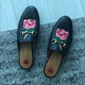 Gucci Embroidered Leather Princetown Rose Mules